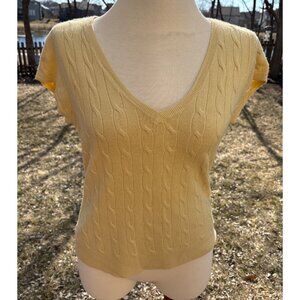 Butter Yellow Cable Knit V-Neck Short Sleeve Sweater Top Size Large Woman